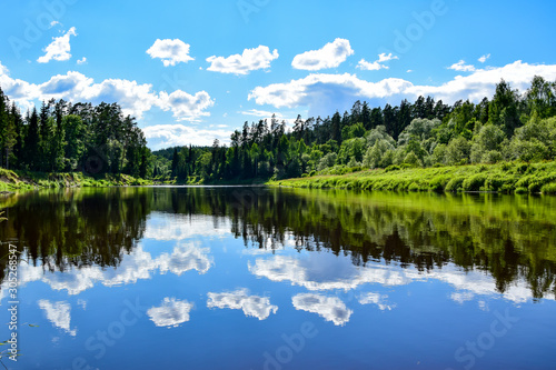 Sky reflection in the mirror water of the Gauja river.