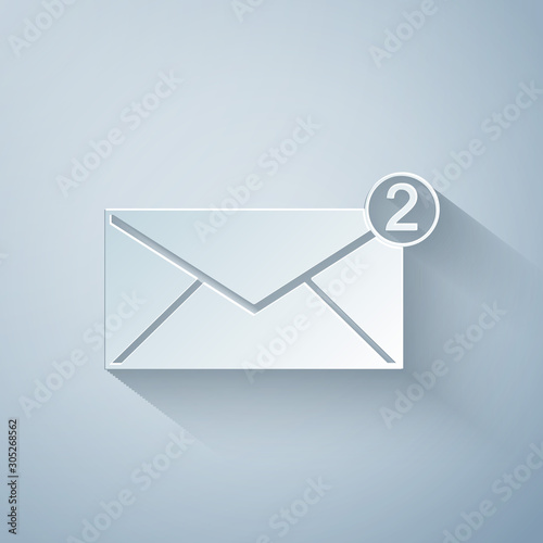 Paper cut Envelope icon isolated on grey background. Received message concept. New, email incoming message, sms. Mail delivery service. Paper art style. Vector Illustration