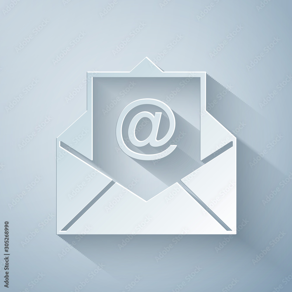 Paper cut Mail and e-mail icon isolated on grey background. Envelope symbol e-mail. Email message sign. Paper art style. Vector Illustration Paper cut Mail and e-mail icon isolated on grey background. Envelope symbol e-mail. Email message sign. Paper art style. Vector Illustration