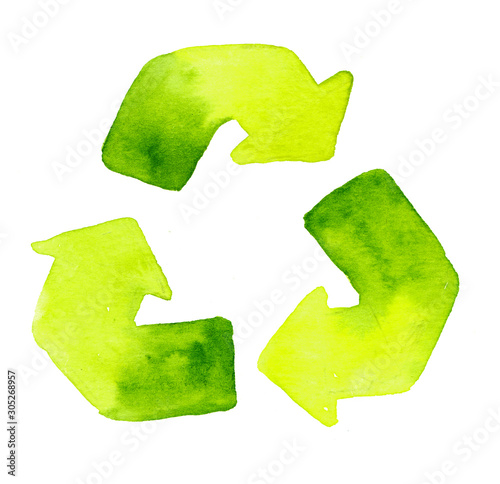 Watercolor hand painted recycling icon isolated on white background photo