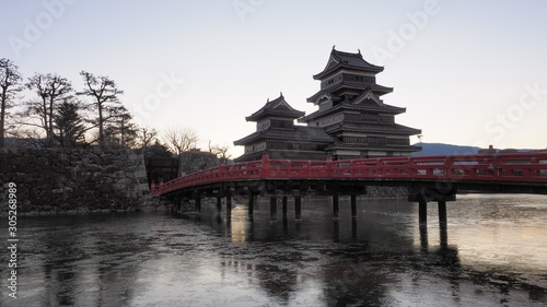 Matsumoto castle and red bridge in the morning