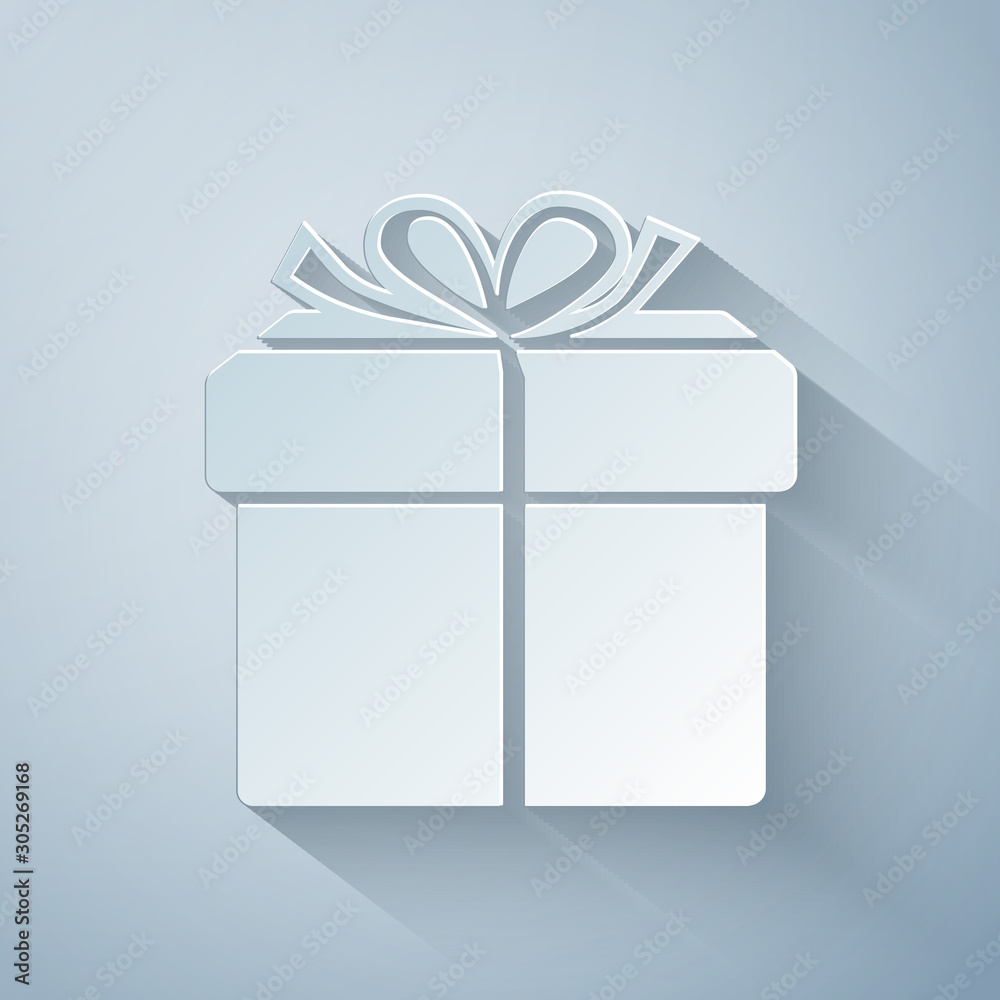 Paper cut Gift box icon isolated on grey background. Paper art style. Vector Illustration