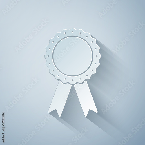 Paper cut Medal badge with ribbons icon isolated on grey background. Paper art style. Vector Illustration