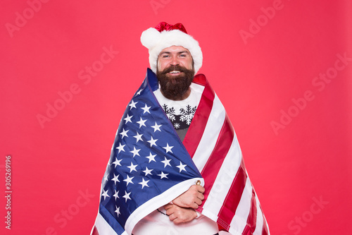Christmas holiday. Guy celebrate christmas. Cheerful hipster. Patriotism is easy to understand in America. Christmas in United States of America. Greetings to all my compatriots. National spirit © be free