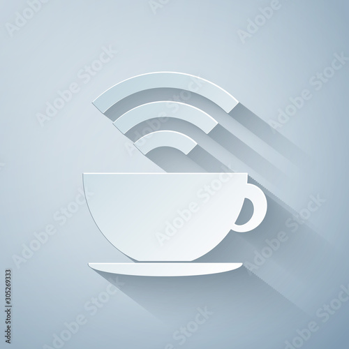 Paper cut Cup of coffee shop with free wifi zone icon isolated on grey background. Internet connection placard. Paper art style. Vector Illustration