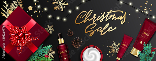 Design ad banner for cosmetic catalog. Christmas sale poster