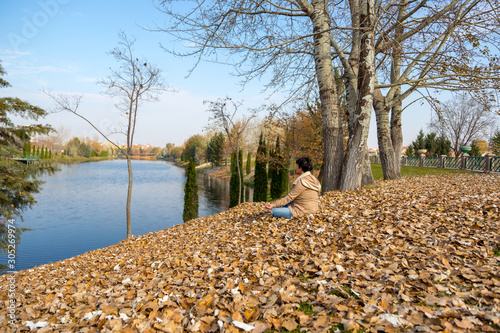Картината върху платно young woman doing yogo on autumn leaves in park