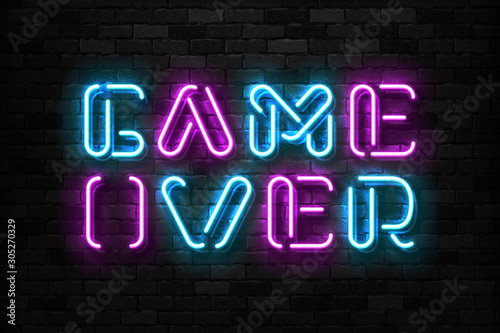 Vector realistic isolated neon sign of Game Over typography logo for template decoration and covering on the wall background. Concept of gaming.