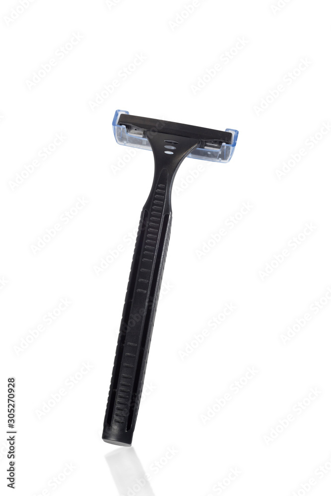 Black disposable plastic razor on white with reflection. Black disposable plastic razor on white with reflection.