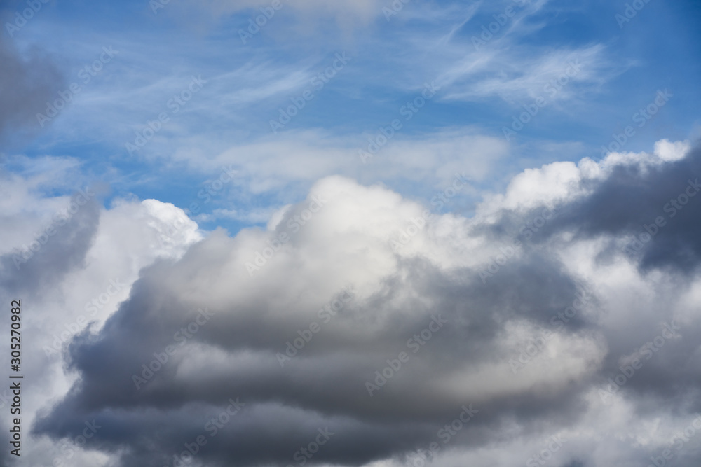 Blue sky and white fluffy clouds on sunset sky. White cumulus clouds. Dramatic sky and clouds abstract