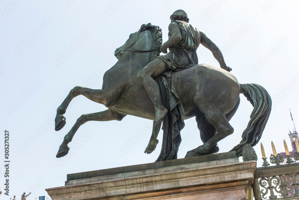 Fototapeta premium Statue of a horse rider in front of the Royal Palace (Palazzo Reale) in Turin (Torino), Piedmont (Piemonte), Italy