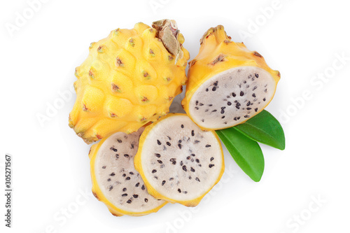 Dragon fruit, Pitaya or Pitahaya yellow with leaf isolated on white background. Top view. Flat lay