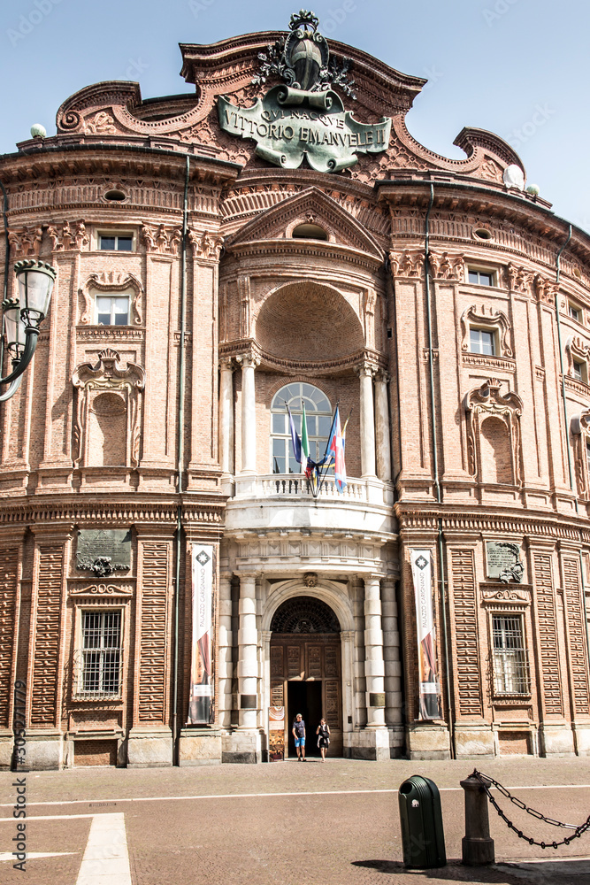 Turin, Italy, 27 June 2019: Facade of the Carignano Palace in Turin,
