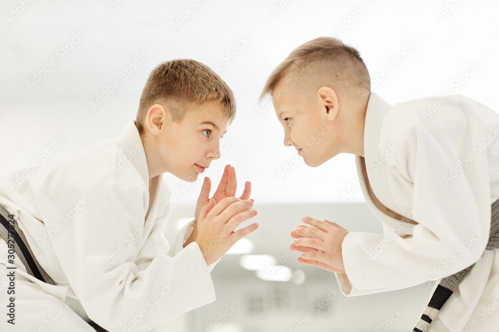 Two little boys in kimono standing opposite each other and practicing strikes in karate Two little boys in kimono standing opposite each other and practicing strikes in karate