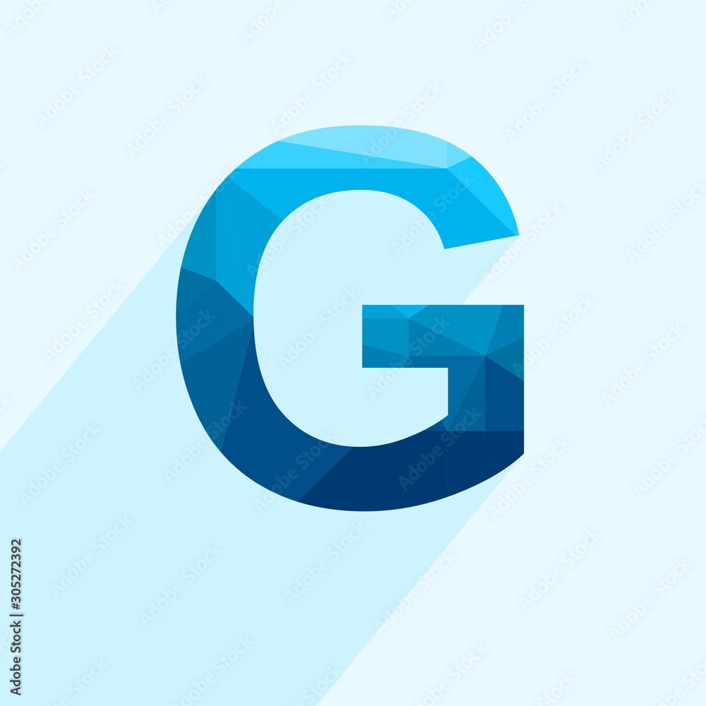 Blue vector polygon letter G with long shadow. Abstract low poly illustration of flat design.