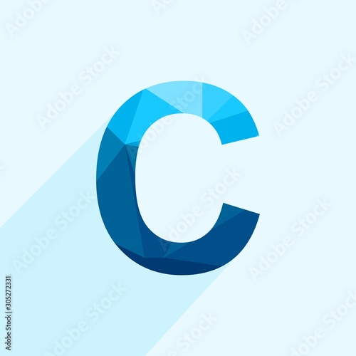 Fototapeta Naklejka Na Ścianę i Meble -  Blue vector polygon letter C with long shadow. Abstract low poly illustration of flat design.