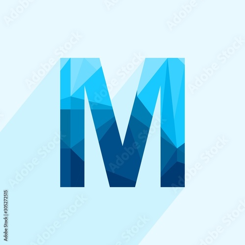 Blue vector polygon letter M with long shadow. Abstract low poly illustration of flat design.