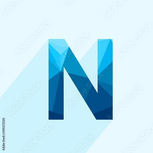 Blue vector polygon letter N with long shadow. Abstract low poly illustration of flat design.