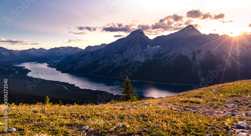 Sunset with the Peaks Rising Above Spray Lakes Reservoir 