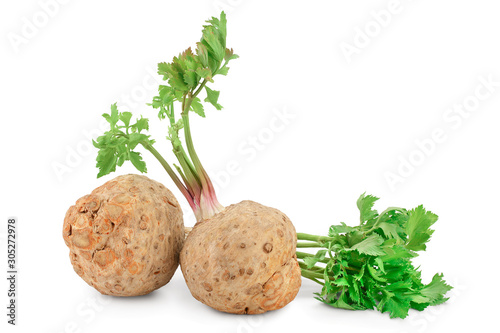 Fresh celery root with leaf isolated on white background