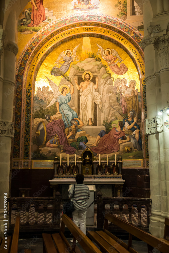 Lourdes, France, June 24 2019: Interior of the Rosary Basilica in Lourdes, France.