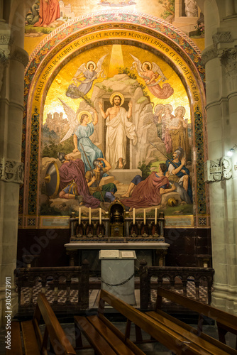 Lourdes, France, June 24 2019: Interior of the Rosary Basilica in Lourdes, France.