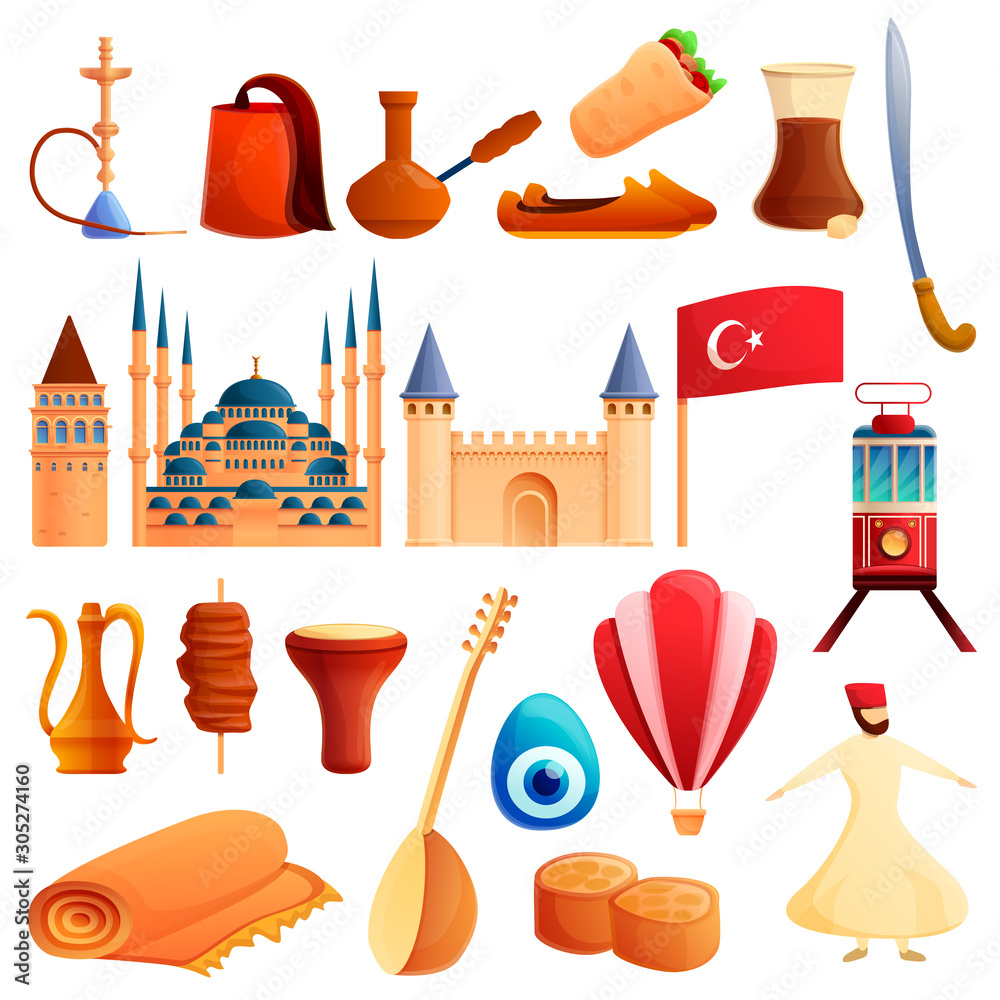 Fototapeta premium Turkey country icons set. Cartoon set of turkey country vector icons for web design