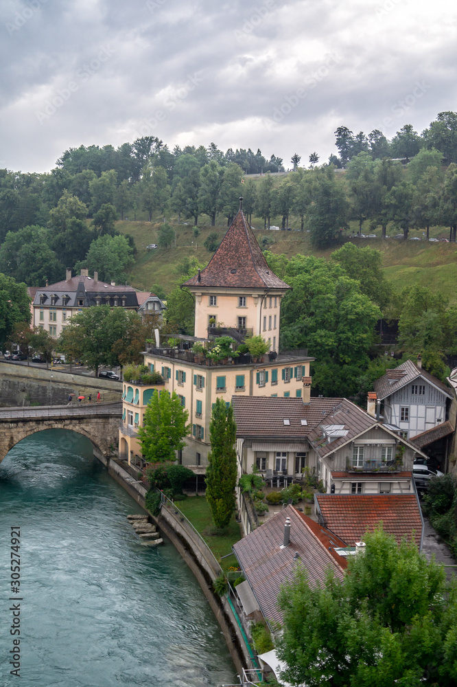 Bern, Switzerland. Historical building in old city center over Aare river
