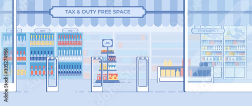 Duty-Free Shop Showcase in Airport Flat Vector