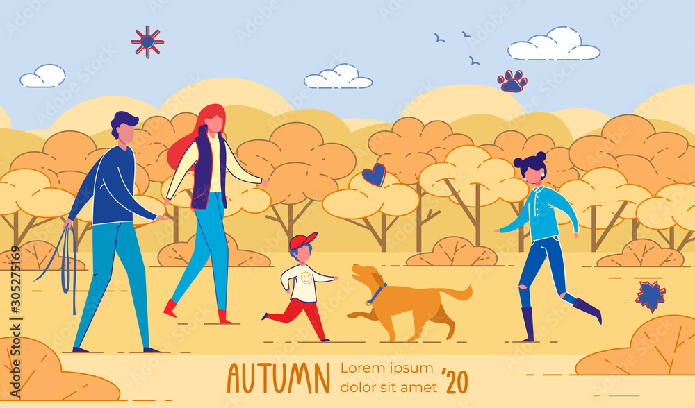 Fototapeta premium Family, Walking Over Their Labrador in Autumn Park