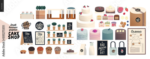 Cake shop, cakes on demand - small business graphics - cakes assortment -modern flat vector concept illustrations -a range of cakes, pastries, tarts and cupcakes, package, quote. Shop branded elements