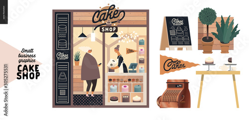 Cake shop, cakes on demand - small business graphics - facade -modern flat vector concept illustrations - a shop front, customer and saler inside, shop elements - vintage cash register, pavement sign