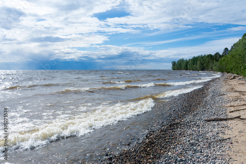shore of lake Onega in cloudy weather