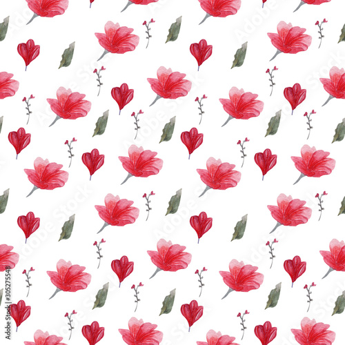 Pink and red watercolor flowers seamless pattern on white background for print or design.