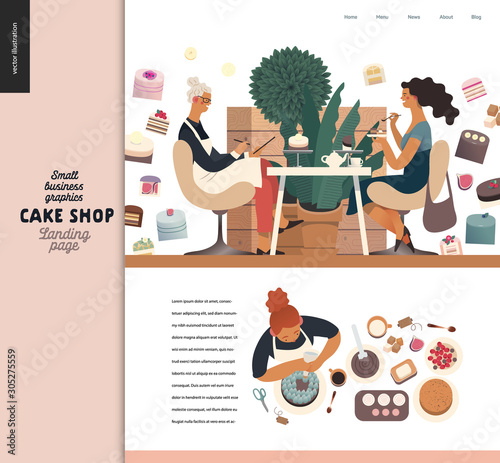 Cake shop -small business illustrations -landing page design template -modern flat vector concept illustrations -a seller filling in the demand form a customer sitting in the armchairs, process