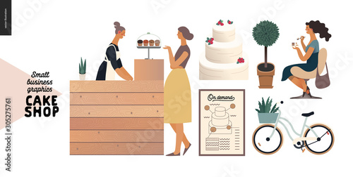 Cake shop, cakes on demand - small business graphics - baker and customer -modern flat vector concept illustrations -a seller and the buyer at the counter, woman eating a cake, bicycle, poster, plant