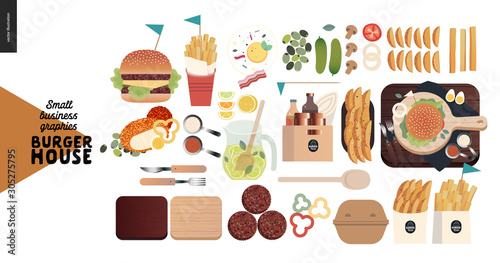 Burger house - small business graphics - menu set -modern flat vector concept illustrations - cheeseburger, French fries, lemonade, condiments, eggs, bacon, cutlery, cutting boards, take out package