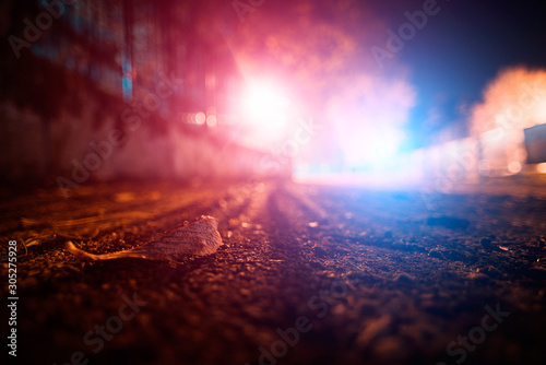 Autumn leaf on the road surface with blue and red police lights in the background photo