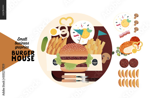 Burger house -small business graphics - menu icon and food -modern flat vector concept illustrations -web icon menu, set of fast food - eggs, meat, grill, burgers, potato, vegetables, french fries