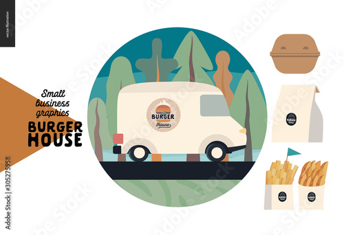 Burger house -small business graphics - menu icon and food -modern flat vector concept illustrations -web icon delivery and catering - branded white van outside, set of take away fast food