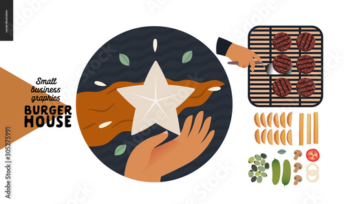 Burger house -small business graphics - our concept icon and food -modern flat vector concept illustrations -web icon mission and concept - star and flag, grill process, french fries, vegetable