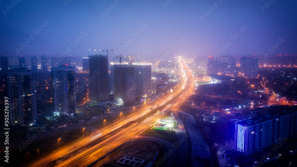 Aerial view, night prospectus of Mykola Bazhan, Kyiv city