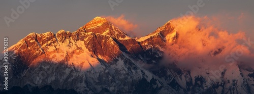 Mount Everest and Lhotse Evening sunset red colored view