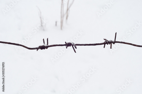 Barbed wire is covered with white pure snow.