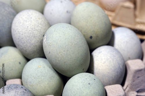 View of Chinese preserved blue century duck eggs at a market in Australia