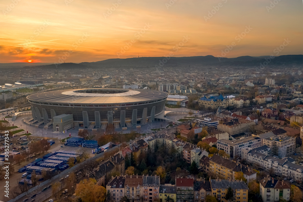 Fototapeta premium Amazing cityscape about budapest with Ferenc Puskas Arena. Stunning sunset in the background.