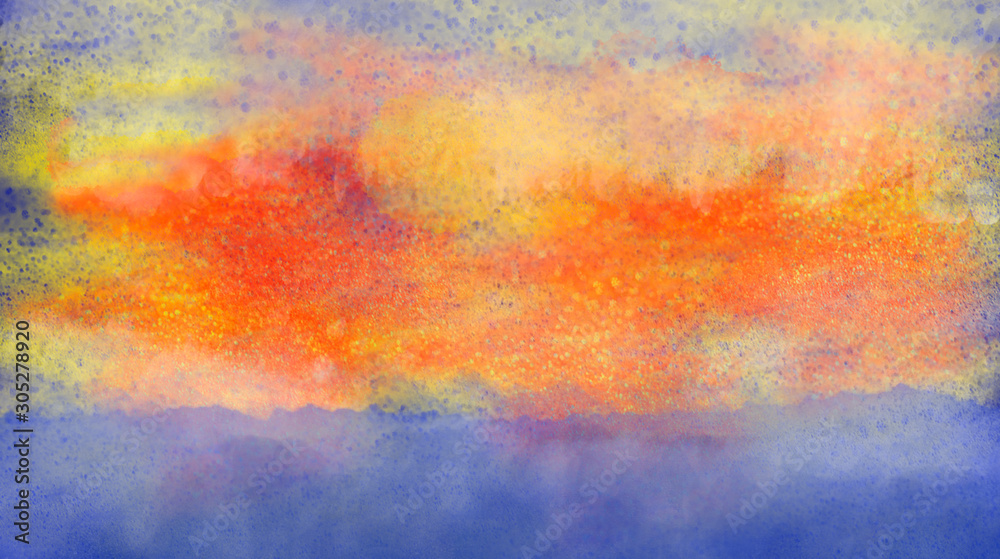 Expressionistic watercolor scenery landscape with red yellow and orange sky and deep blue water. Computer generated illustration with copy space.