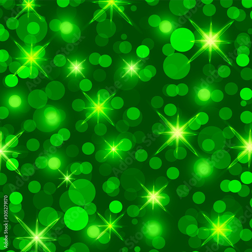 Sparkling, shining green background with glowing stars.