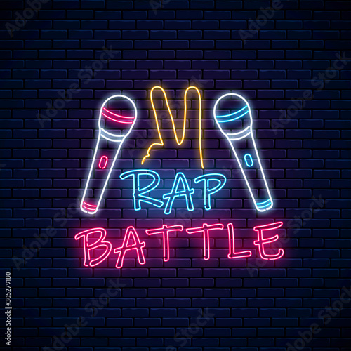 Rap battle neon sign with two microphones and yo gesture. Emblem of hip-hop music. Rap contest advertisement design
