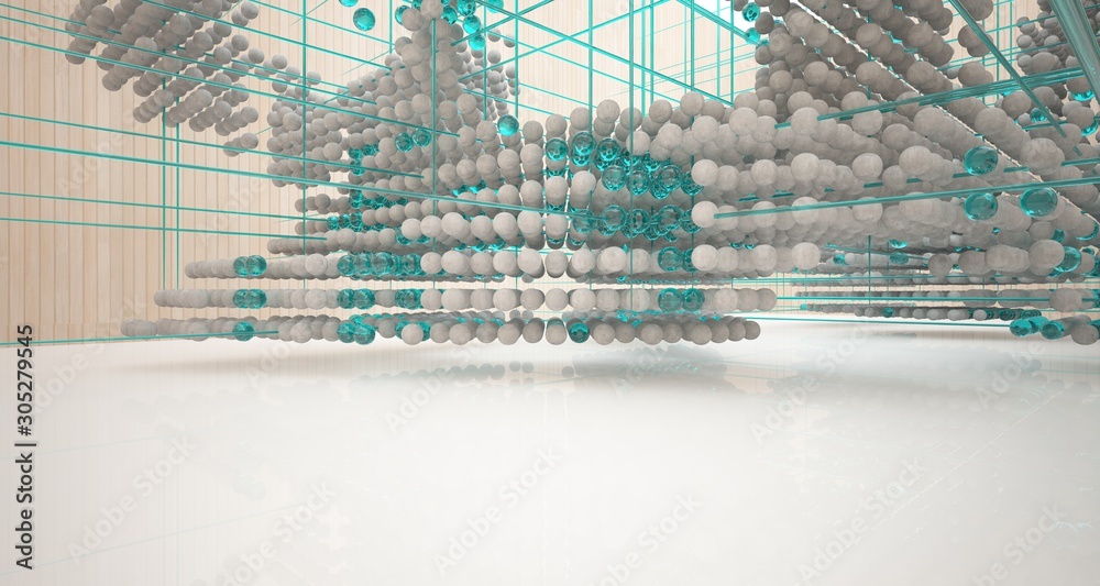 Fototapeta premium Abstract architectural wood and glass interior from an array of spheres with large windows. 3D illustration and rendering.